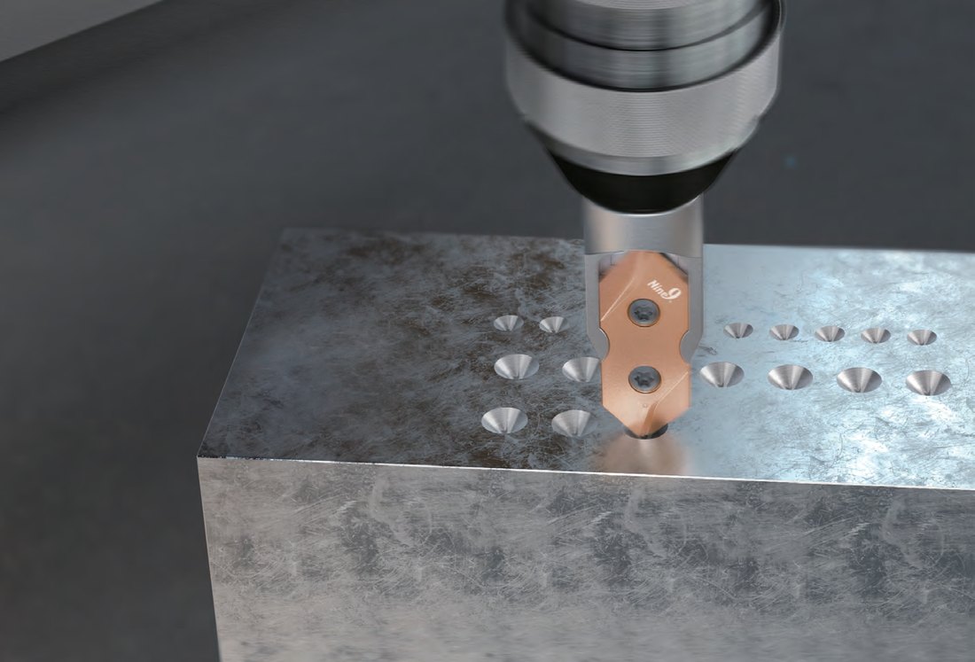 Stitch Nine9 indexable spot drill working on a steel plate